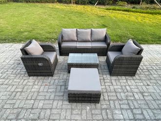 Fimous Outdoor Rattan Garden Furniture Set Patio Lounge Sofa Set with Reclining Chair Rectangular Coffee Table Big Footstool in Dark Grey