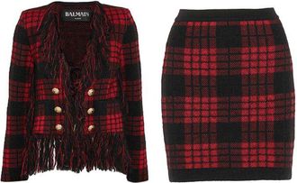 Balmain Red & Black Plaid Skirt & Jacket Size M