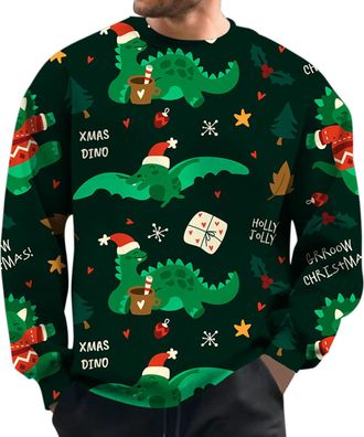 Generic MenS Sweatshirts Crewneck Christmas Dinosaur Printed Jumper Long Sleeve Plus Size Sweatshirt Outdoors Parties Hilarious Xmas Mens Jumper Tops Lightwei