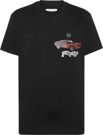 Philipp Plein Tops, Heren, Zwart, L, Katoen, Jersey T-shirt Ronde Hals SS Cars Racing