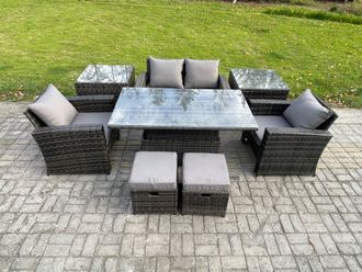 Fimous Rattan Garden Furniture Sofa Sets with Height Adjustable Rising Lifting Table 2 Side Tables 2 Small Footstools in Dark Grey