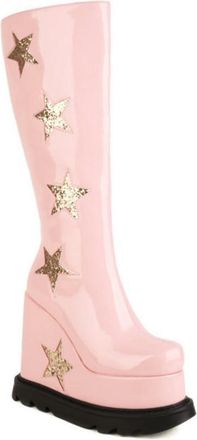 Generic Womens Patent Leather Mid-Calf Boots with Platform Wedge Heel, Glitter Star, Gothic Punk Style,Pink,7.5 UK