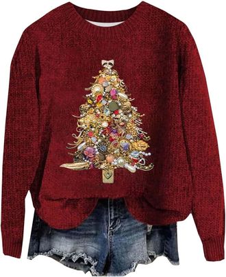 Generic Sweaters for Women Loose Jacquard Xmas Tree Crew Neck Fair Isle Chunky Fashion Long Sleeve Sweatshirts Vacation Red XL