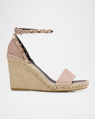 Valentino Garavani 105mm Rockstud Leather Wedge Espadrille Sandals