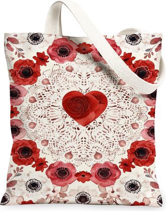Generic Floral Heart Canvas Tote Bags, Vintage Flower Design Reusable Grocery Bags, Elegant Lightweight Washable Shoulder Strap Can, Red, 13x15 Inch