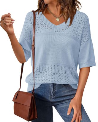 PrettyGarden Womens Short Sleeve Sweater Tops 2026 Spring Summer Casual V Neck Ribbed Knit Trendy Eyelet Blouse T Shirts, Light Blue, Small