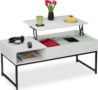 Relaxdays Coffee Table with Lift Top, Side Section, Compartment with Storage Space, Wood-Look, 45 x 110 x 50 cm, Black - Relaxdays