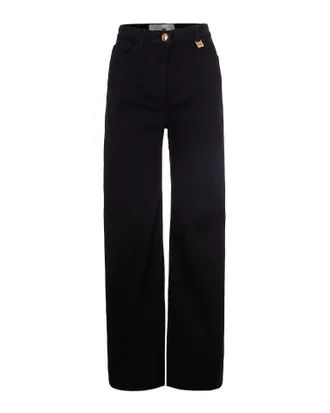 Elisabetta Franchi Wide-Leg Denim Pants with Golden Logo Details