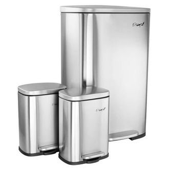 Elama 3 Piece 13 Gallon and 1.3 Gallon Stainless Steel Step Trash Bin Combo Set with Slow Close Mechanism in Silver at Nordstrom