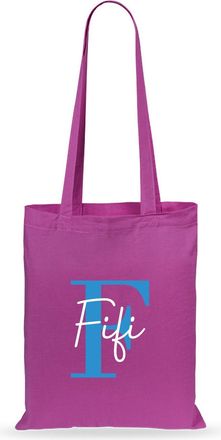 eBuy GB Personalised Tote Bag, Custom Alphabet Cotton Shopper with Blue Initial & Name, Birthday Gift Bag, Kids Party Bags, Reusable Bag (Fuchsia)