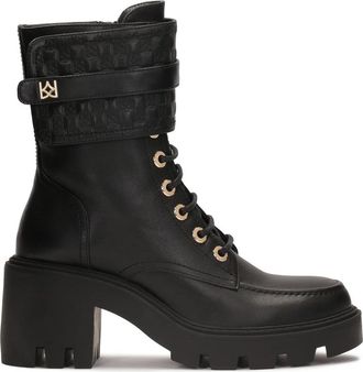 Kazar Zwarte blokteenlaarzen met monogramklep - Dames - Laarzen met Hak - Zwart - 38 EU - Leer - Schoenen