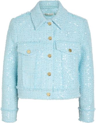 Alice & Olivia Chloe Embellished Cropped Tweed Jacket - Light Blue - XL (UK16 / XL)