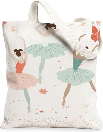 Generic Ballet Dancer Canvas Tote Bags, Elegant Dance Pattern Reusable Grocery Bags, Spring Floral Lightweight Washable Canvas for, White, 13x15 Inch