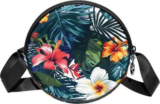 Generic Circle Crossbody Bag for Women, Jungle Flowers Small Sling Bag Daypack with Zipper Adjustable Shoulder Straps Casual Ladies Girls Round Purse