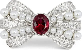 Savvy Cie Jewels RHODIUM PLATED OVER BRASS PEARLS WHITE AND RED CZ BUBBLES BOWTIE BROOCH