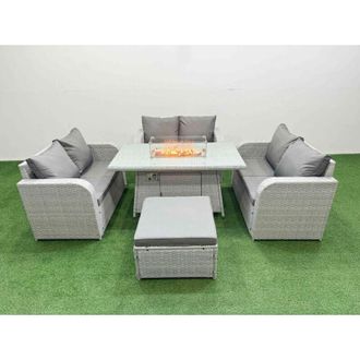 Fimous Fimous 7 Seater PE Wicker Rattan Furniture Sofa Sets with Firepit Dining Table 2 Seater Love Sofa Big Footstool Light Grey