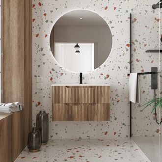 Aurlane Mueble De Ba&ntilde;o 80cm Madera - Cajones Ondulados - Lavabo Empotrable Blanco