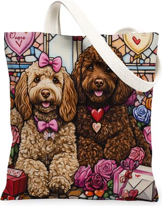 Generic Valentines Day Fox Canvas Tote Bag for Shopping 13x15, Stained Glass Puppy Reusable Grocery Print Bag for Women, Couple Beach Aesthetic Painting Gift 