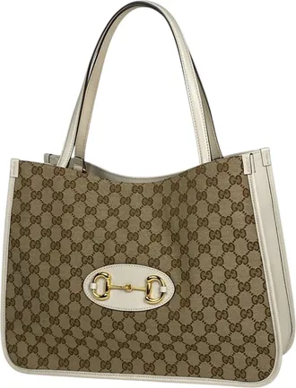 Gucci Beige White Gg Canvas Leather Shoulder Bag Tote Bag (Pre-Owned)