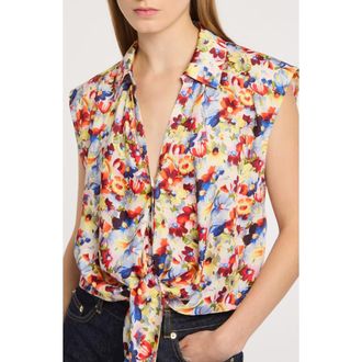 Cinq &agrave; Sept Wildflower Bunch Tie Front Crop Button-Up Shirt in Gardenia Multi at Nordstrom, Size Xx-Small