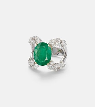 Yeprem 18kt white gold (750/1000) ring with diamonds and emerald