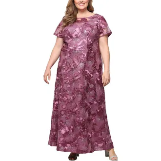 Alex Evenings Sequin Soutache Floral A-Line Gown in Dark Mauve at Nordstrom, Size 14W