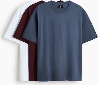 H&M 3-pack Relaxed Fit T-shirts in Burgundy/dusty Blue at Nordstrom, Size Xx-Large