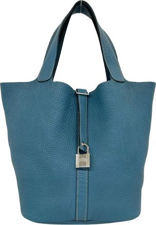 Herm&egrave;s Blue Taurillon Clemence Leather Handbag Tote Bag (Pre-Owned)