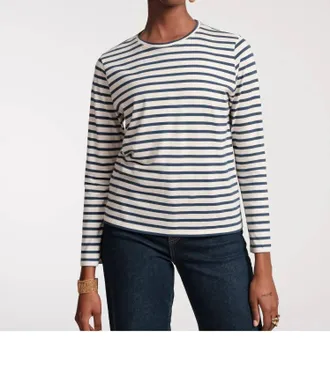 Frances Valentine Long Sleeve Striped Top In Oyster Thick/ / Navy Thin
