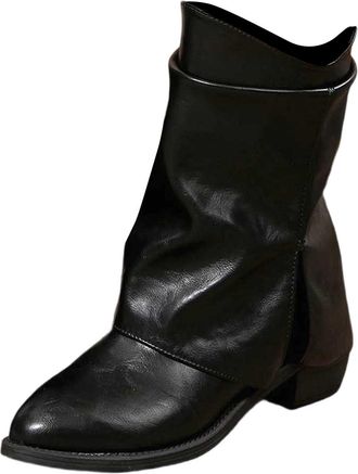 Generic Ladies Mid Calf Boots Fashion Pointed Toe Slip On Chunky Heel Booties Comfortable Casual Winter Boots Non Slip Sole(Black, 6.5)