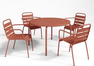 Vente-Unique Comedor de jard&iacute;n de metal - Mesa D.110 cm y 4 sillones apilables - Terracota - MIRMANDE