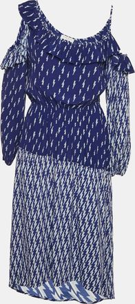 Sandro Blue Lightning Bolt Print Crepe Cold-Shoulder Midi Dress