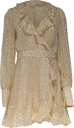 Zimmermann Metallic Frill Wrap Mini Dress in Yellow Silk