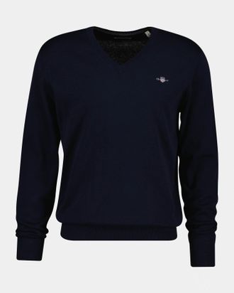 GANT Mens Regular Fit Long Sleeve V-Neck Jumper in Dark Blue Cotton - Size Medium