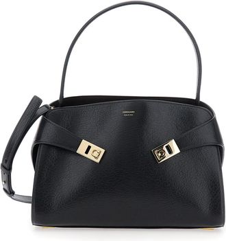 Ferragamo hug Black Shoulder Bag With Logo Print On The Front In Leather Woman