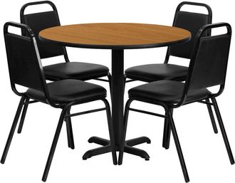Flash Furniture 36 Natural Table Set with X-Base and 4 Black Trapezoidal Back Banquet Chairs