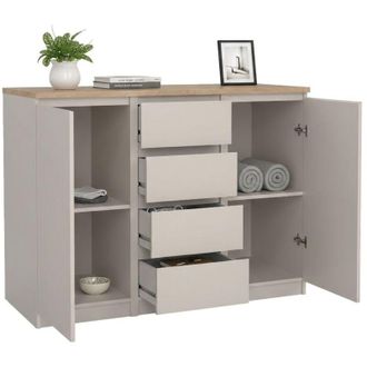 Dmora Credenza Qorina, buffet da soggiorno con 2 ante e 4 cassetti, madia da salotto e dispensa da cucina, 121x50 h91 cm, Beige - Dmora