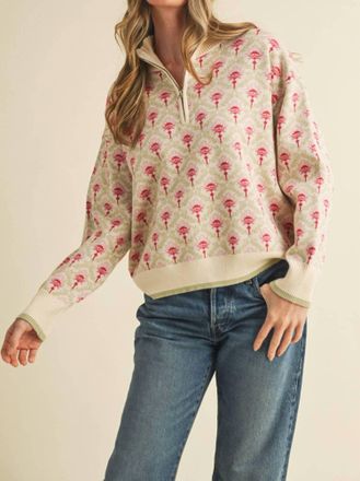 Merci Floral Mock Neck Half Zip Pullover Sweater In Oat Sage Multi