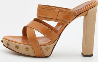 Sergio Rossi Tan Leather Strappy Studded Platform Sandals