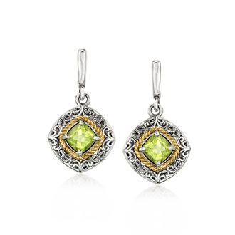 Ross-Simons Peridot Drop Earrings in Sterling Silver and 14kt Yellow Gold