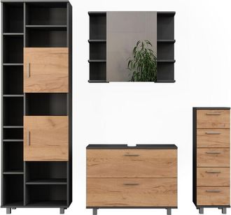 Vicco Conjunto De Muebles De Ba&ntilde;o Ilias, Oro Power Roble/antracita, 4 Piezas, Con Mueble Alto