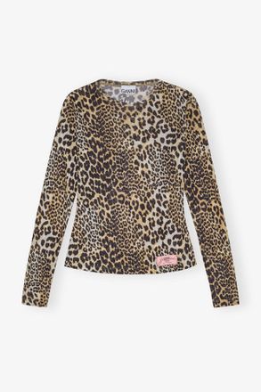 Ganni Leopard Printed Mesh Long-sleeve Blouse - Size 10/12 Mixed