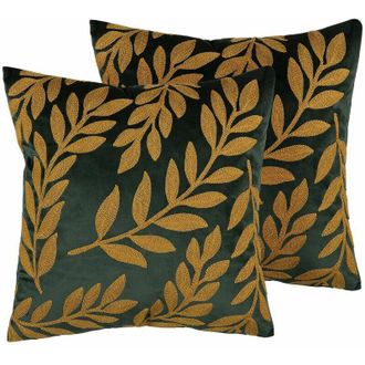 Beliani Beliani - Set 2 Cuscini Decorativi Motivo Foglie Ricamato Velluto Verde 45 x 45 cm Mistletoe