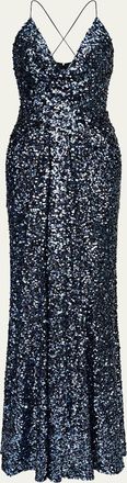 Halston Heritage Manon Deep V-Neck Sequin Gown