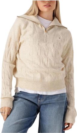 Tommy Hilfiger Truien & Vesten, Dames, Beige, XL, Wol, Soft Wool Cable 1/2 Zip LS SWT
