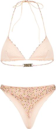 GCDS bead-embellished tulle-overlay bikini - women - Polyamide - L - Neutrals