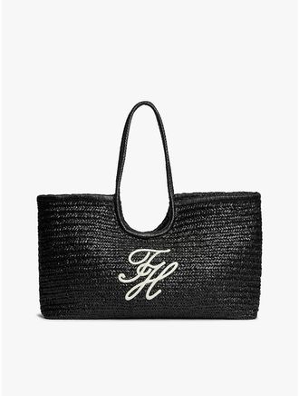 Tommy Hilfiger Womens Script Monogram Raffia Maxi Tote - Black