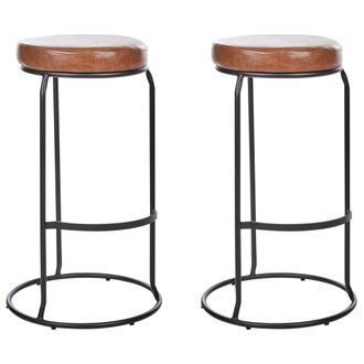 Beliani Conjunto De 2 Sillas De Bar De Piel Sint&eacute;tica Patas De Acero Negro Sin Reposabrazos Tapas De Patas Taburetes Comedor Marr&oacute;n Milroy