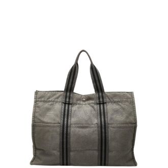 Herm&egrave;s Black Gray Canvas Handbag Tote Bag (Pre-Owned)