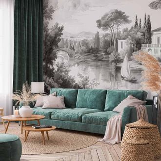 OEM Sfondo Fotografico - Paesaggio Vintage In Bianco E Nero, Vista Retr&ograve; Di Uno Stagno Con Una Barca / Paesaggio Vintage In Bianco E Nero Con Uno Stagno